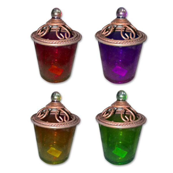 Vintage Coloured Glass Candle Holders with Lids – Set of 4