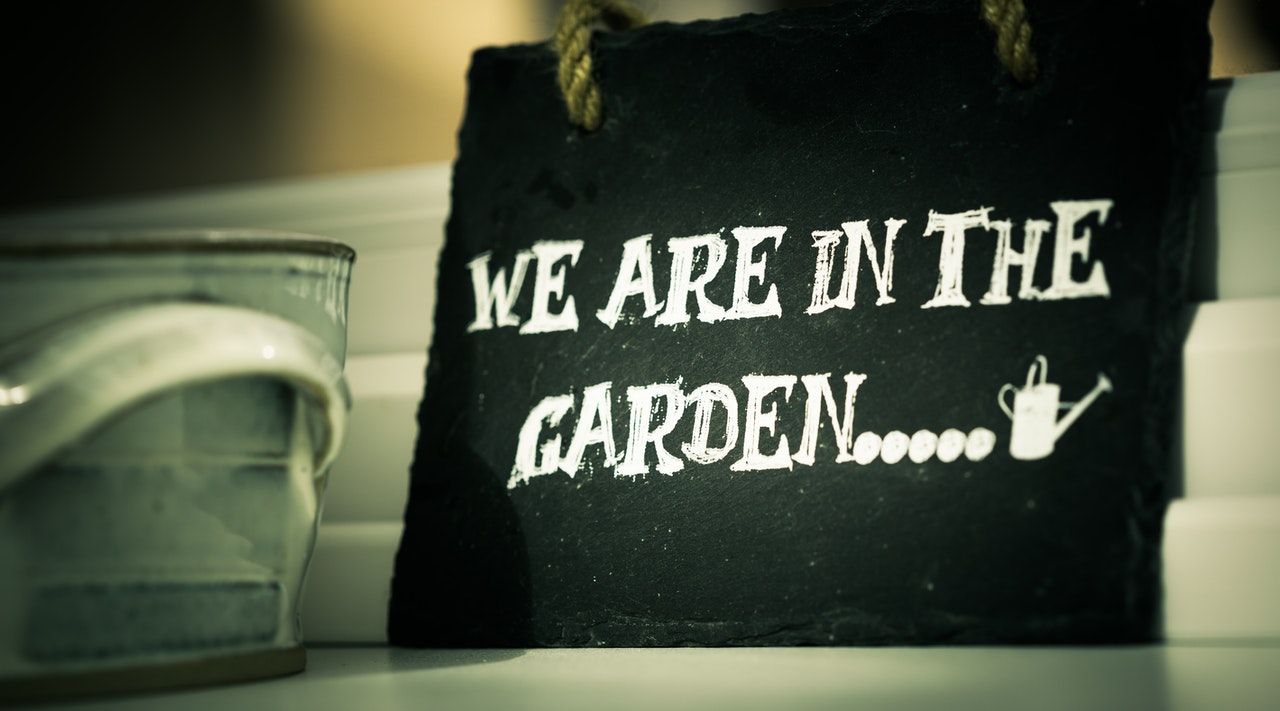 small blackboard with the words 'we are in the garden' written in chalk