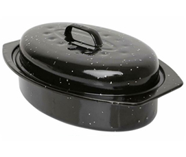Traditional enamelware oval roaster finished in black with white speckles