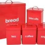HIGHLANDS Bread Bin Set Tea, Coffee, Sugar, Biscuits - Red