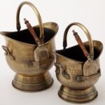 2 Ant Brass Buckets W/wooden Handled Shovels